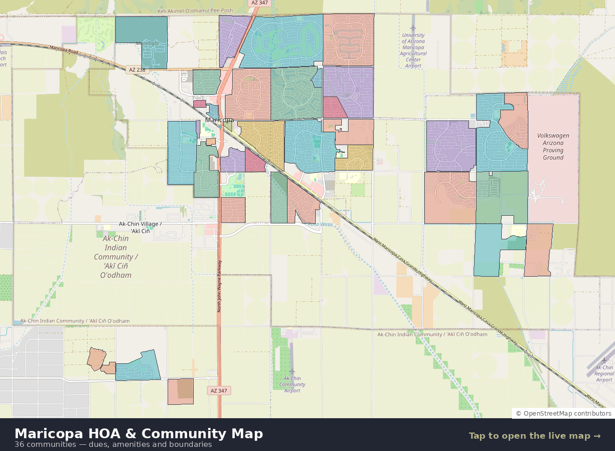Map of the City of Maricopa showing 36 community boundaries, each shaded a different color